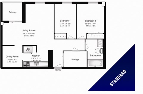 Waverly Place Apartments two bedroom, one bathroom standard floorplan in St. Catharines, ON